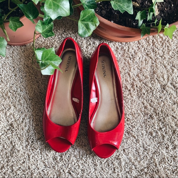 Red Peep Toe Wedges - Picture 2 of 5